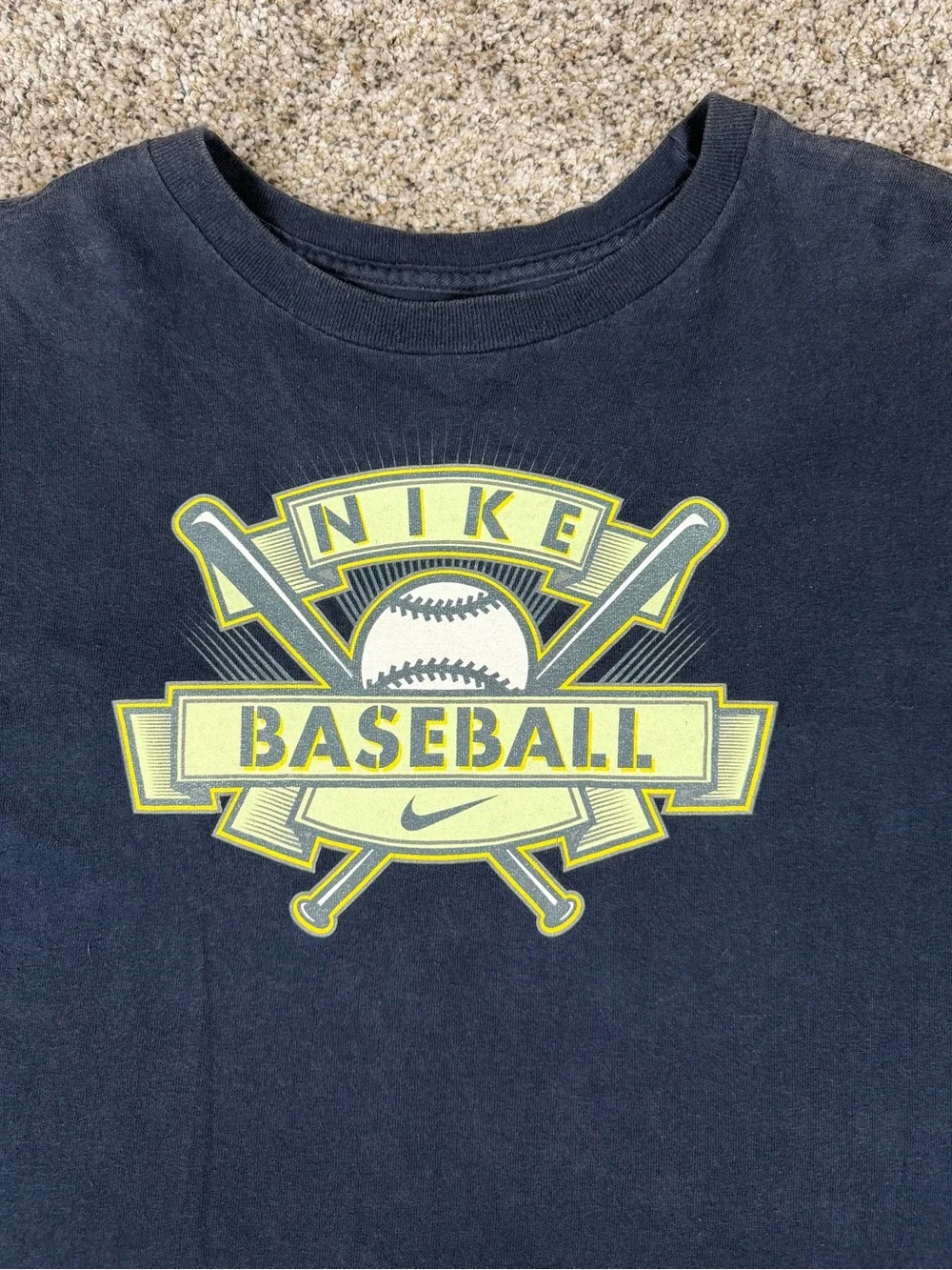 Y2K Sz XL Youth Nike Boys Navy Tee with Yellow Baseball Graphic Center Swoosh